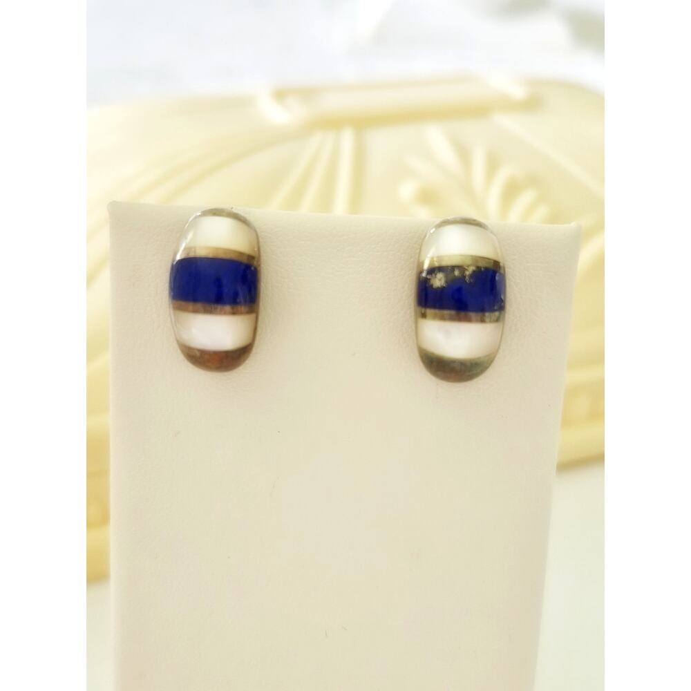 Vintage Sterling Silver Blue Enamel & Mother Of Pearl Huggie Earrings